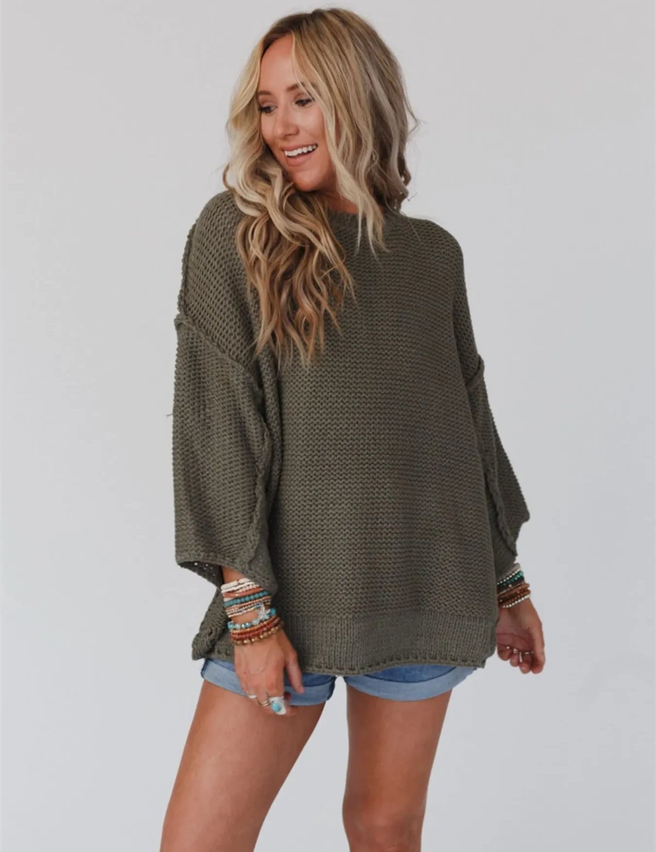 Army Green Round Neck Oversized Knit Top with Relaxed Fit | Tops Daverri Fashions