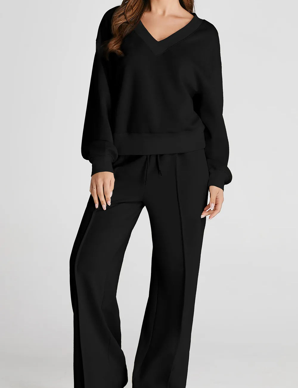 Black V-Neck Long Sleeve Top and Pants Active Set | Daverri Fashions
