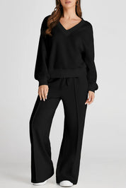 Black V-Neck Long Sleeve Top and Pants Active Set | Daverri Fashions
