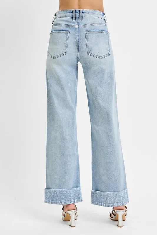 RISEN Full Size Tummy Control High Rise Ankle Wide Cuffed Jeans Plus Size