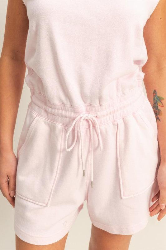 HYFVE Round Neck Cap Sleeve Drawstring Waist Romper Rompers