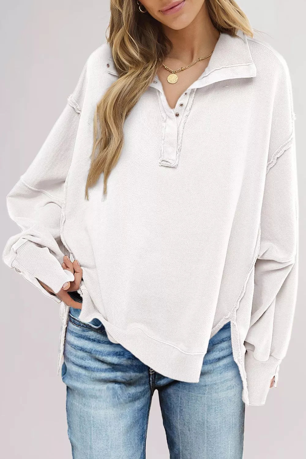 Buttoned Collared Raw Detail High Low Baggy Sweatshirt with Slits | Sweatshirts Daverri Fashions