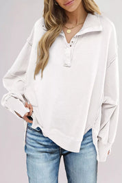 Buttoned Collared Raw Detail High Low Baggy Sweatshirt with Slits | Sweatshirts Daverri Fashions