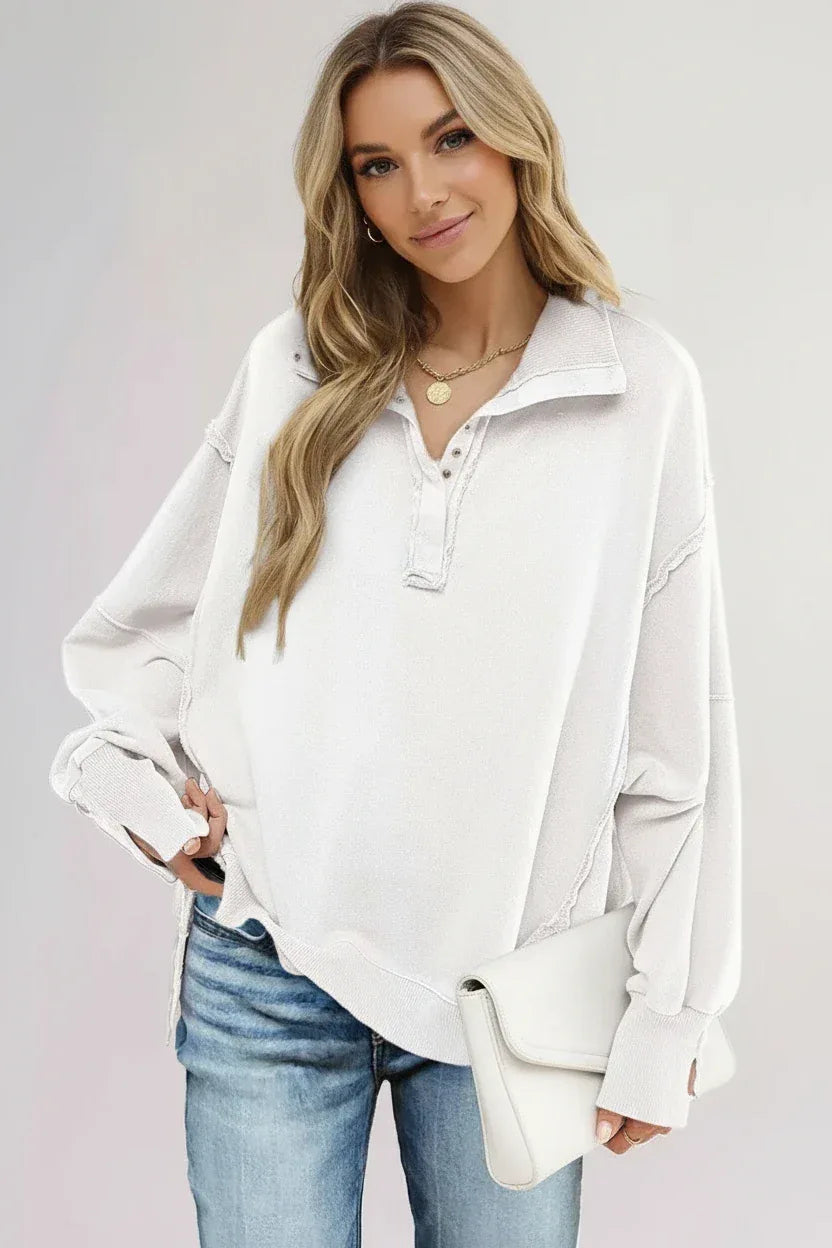 Buttoned Collared Raw Detail High Low Baggy Sweatshirt with Slits - DAVERRI FASHIONS