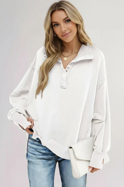 Buttoned Collared Raw Detail High Low Baggy Sweatshirt with Slits - DAVERRI FASHIONS