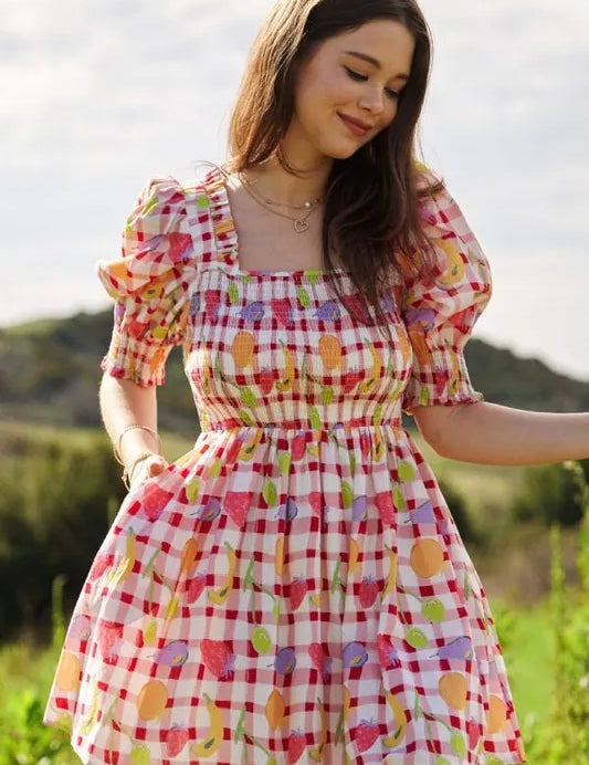 Pink Davi & Dani Fruits Printed Smocking Mini Dress | Daverri Fashions