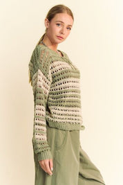 Davi & Dani Contrast Striped Crochet Drop Shoulder Knit Cover Up Sweaters