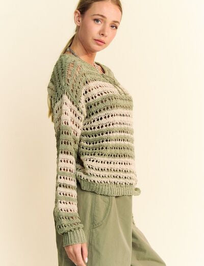 Davi & Dani Contrast Striped Crochet Drop Shoulder Knit Cover Up Sweaters