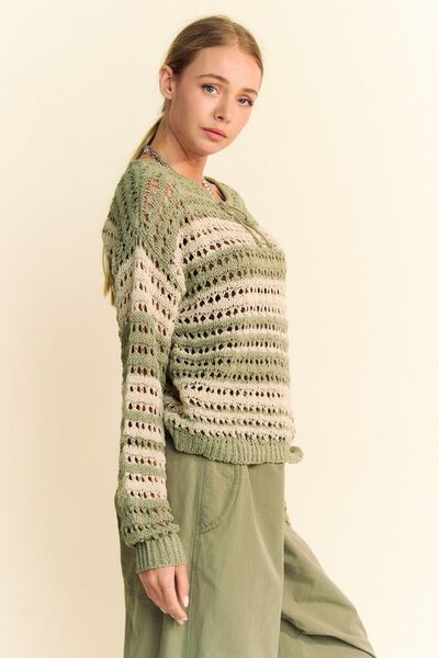 Davi & Dani Contrast Striped Crochet Drop Shoulder Knit Cover Up Sweaters