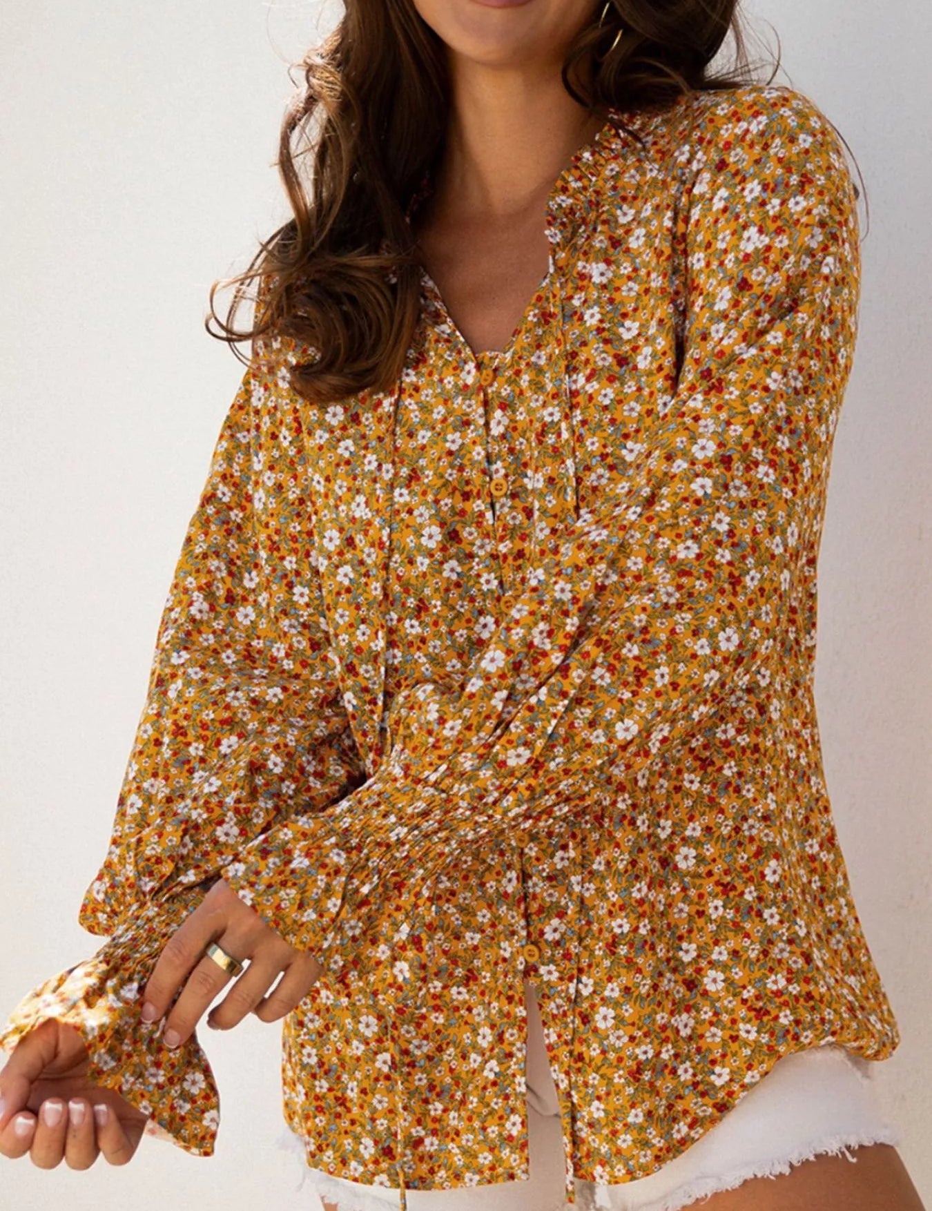 Floral Ruffled Bubble Sleeve Tie Neck Blouse | Blouses Daverri Fashions