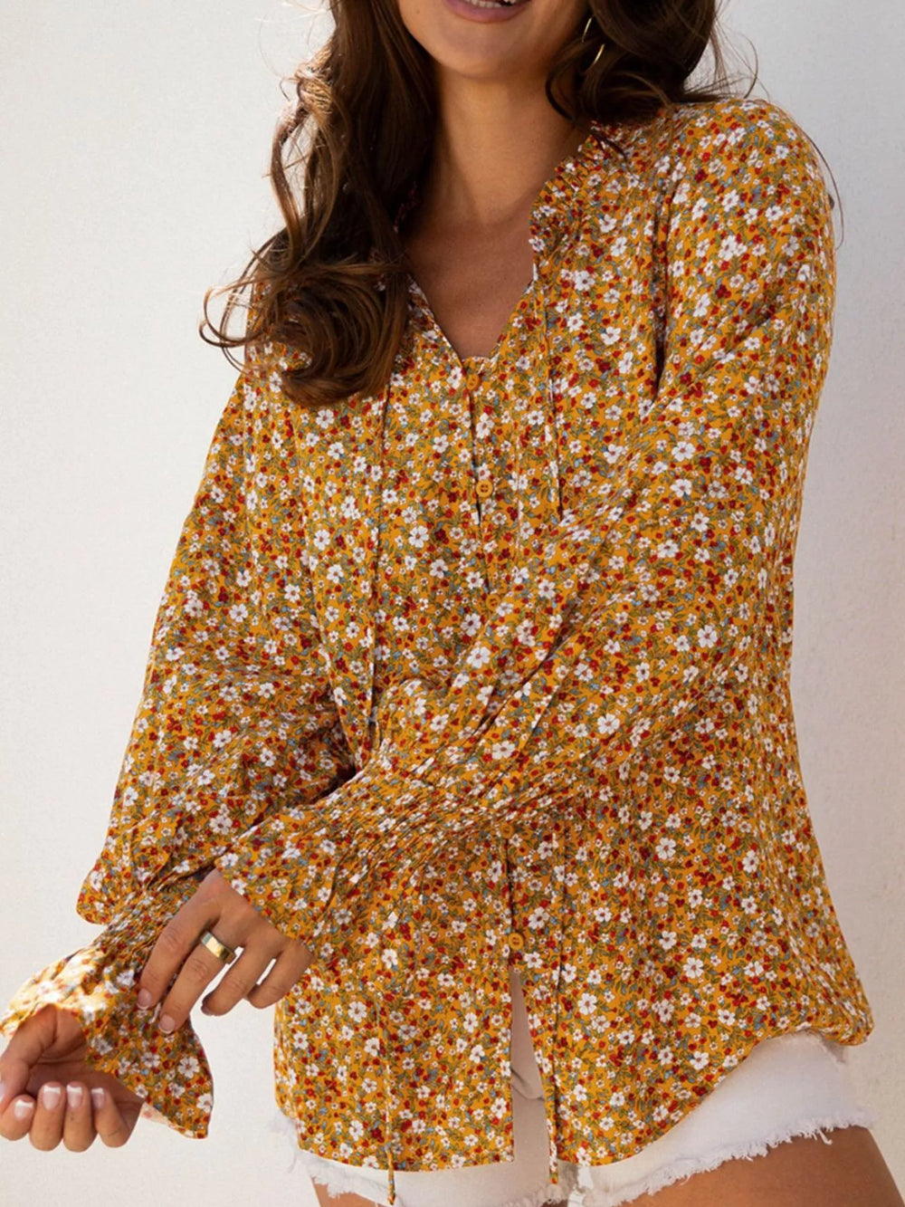 Floral Ruffled Bubble Sleeve Tie Neck Blouse | Blouses Daverri Fashions