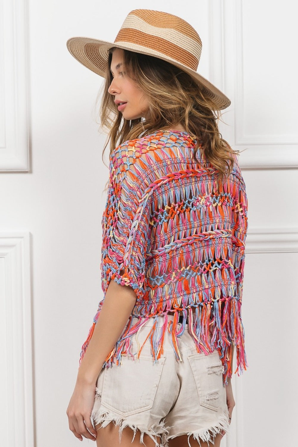 BiBi Open Front Fringed Crop Knit Cardigan Cardigans