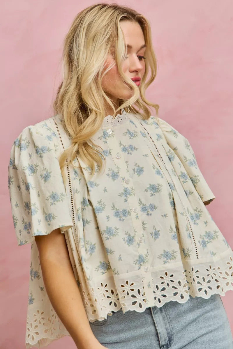 SO ME floral print lace trim flutter sleeves ivory blouse