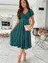 Emerald green satin surplice midi dress with V-neck and puffed sleeves