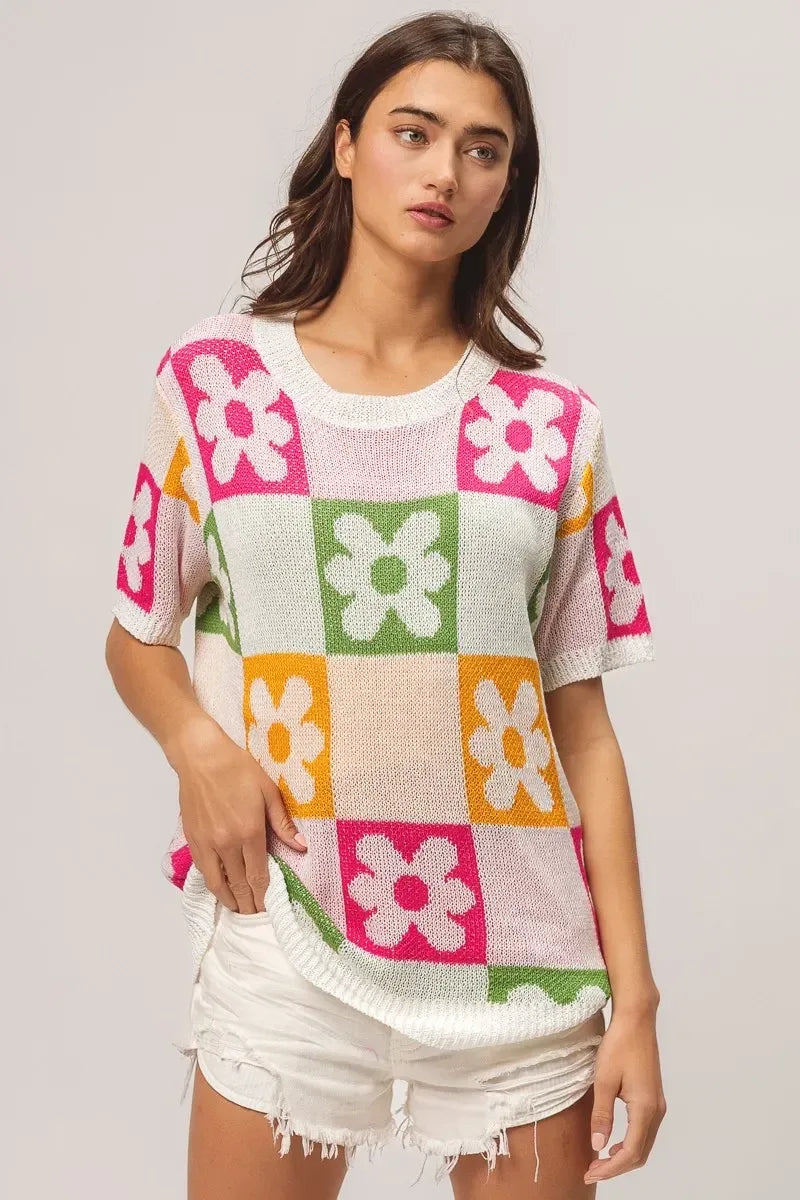 BiBi Flower Checker Pattern Lightweight Sweater Top - DAVERRI FASHIONS