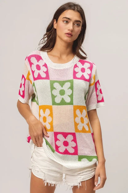 BiBi Flower Checker Pattern Lightweight Sweater Top - DAVERRI FASHIONS