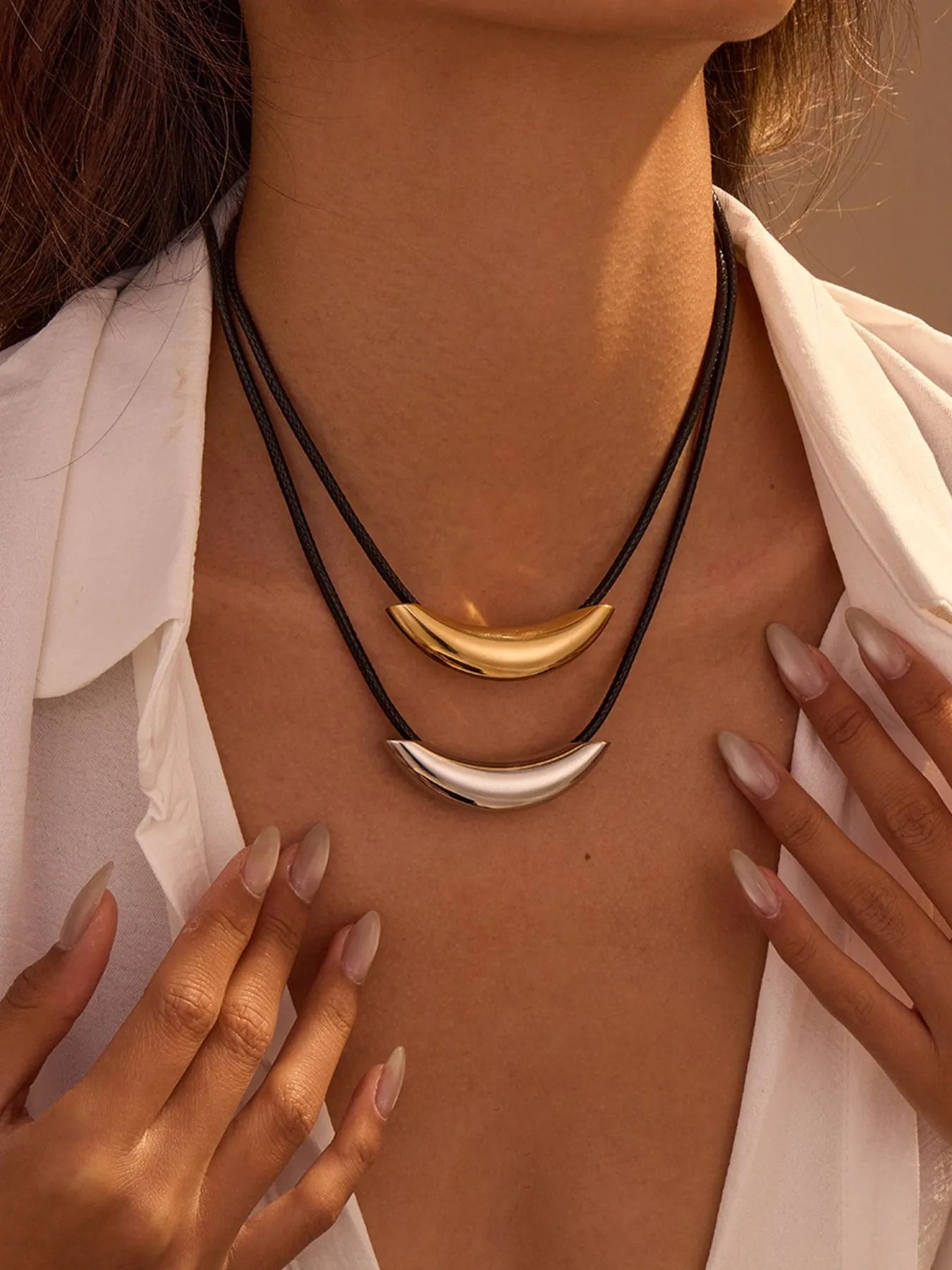Stainless Steel Curved Bar Necklace with Leather Rope | Necklaces Daverri Fashions