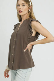 Umgee Linen Ruffle Sleeve Button-Down Shirt | Shirts Daverri Fashions