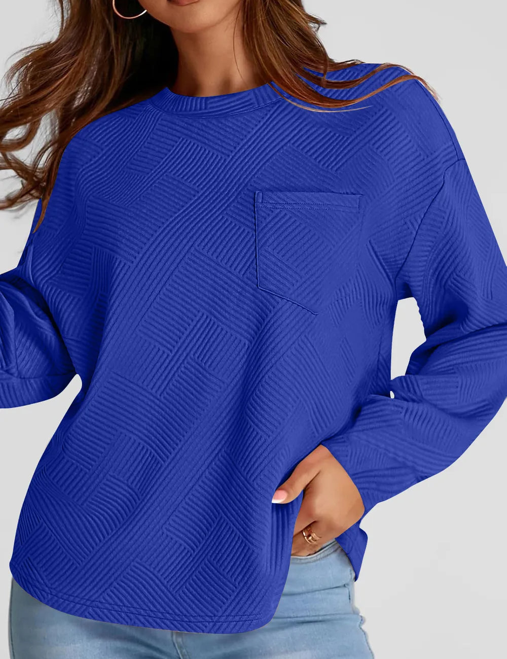 Royal Blue Full Size Texture Round Neck Long Sleeve Sweatshirt | Sweatshirts Daverri Fashions