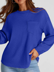 Royal Blue Full Size Texture Round Neck Long Sleeve Sweatshirt | Sweatshirts Daverri Fashions