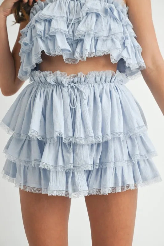 MABLE Ruffle Layered Crop Top and Mini Skirt Set Outfit Sets