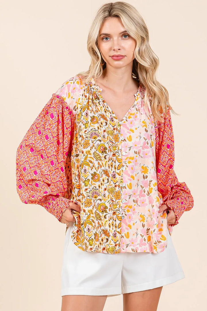 Mittoshop Mixed Patchwork Print Long Sleeve Blouse Tops