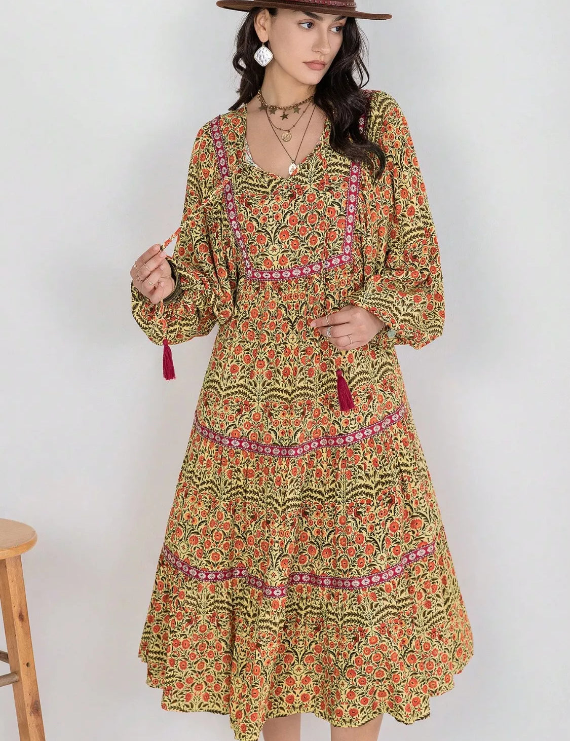 Floral Tiered Midi Dress with Balloon Sleeves | Midi Dresses Daverri Fashions