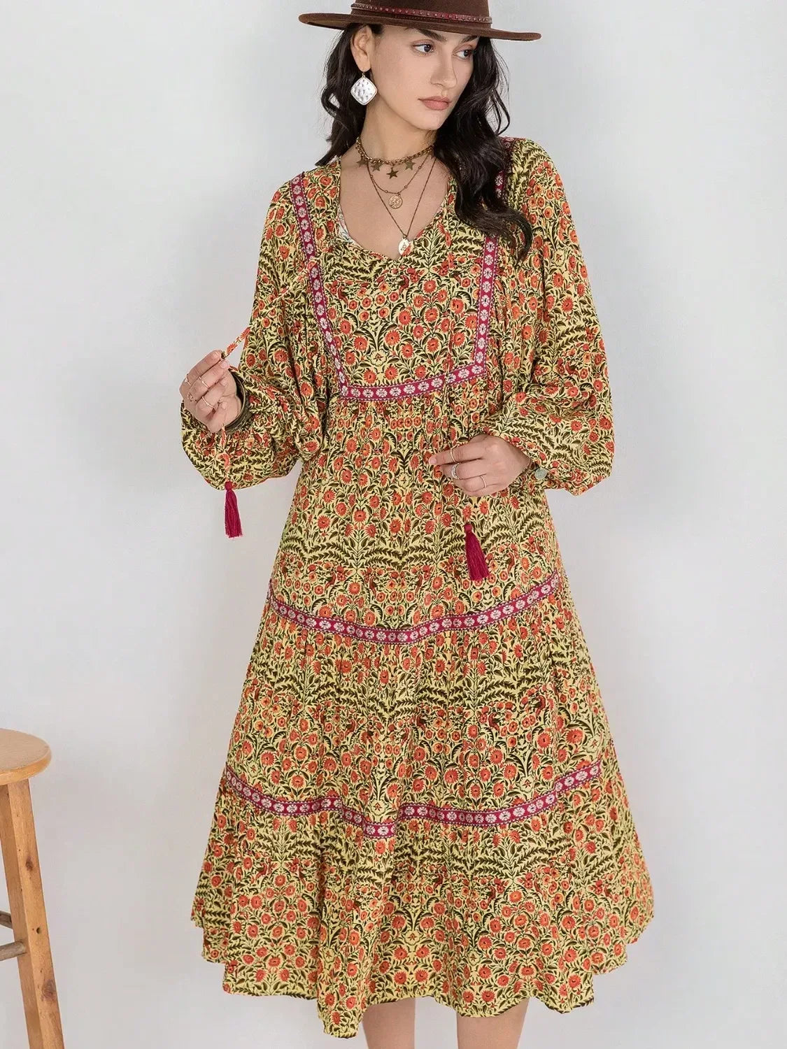 Floral Tiered Midi Dress with Balloon Sleeves - DAVERRI FASHIONS