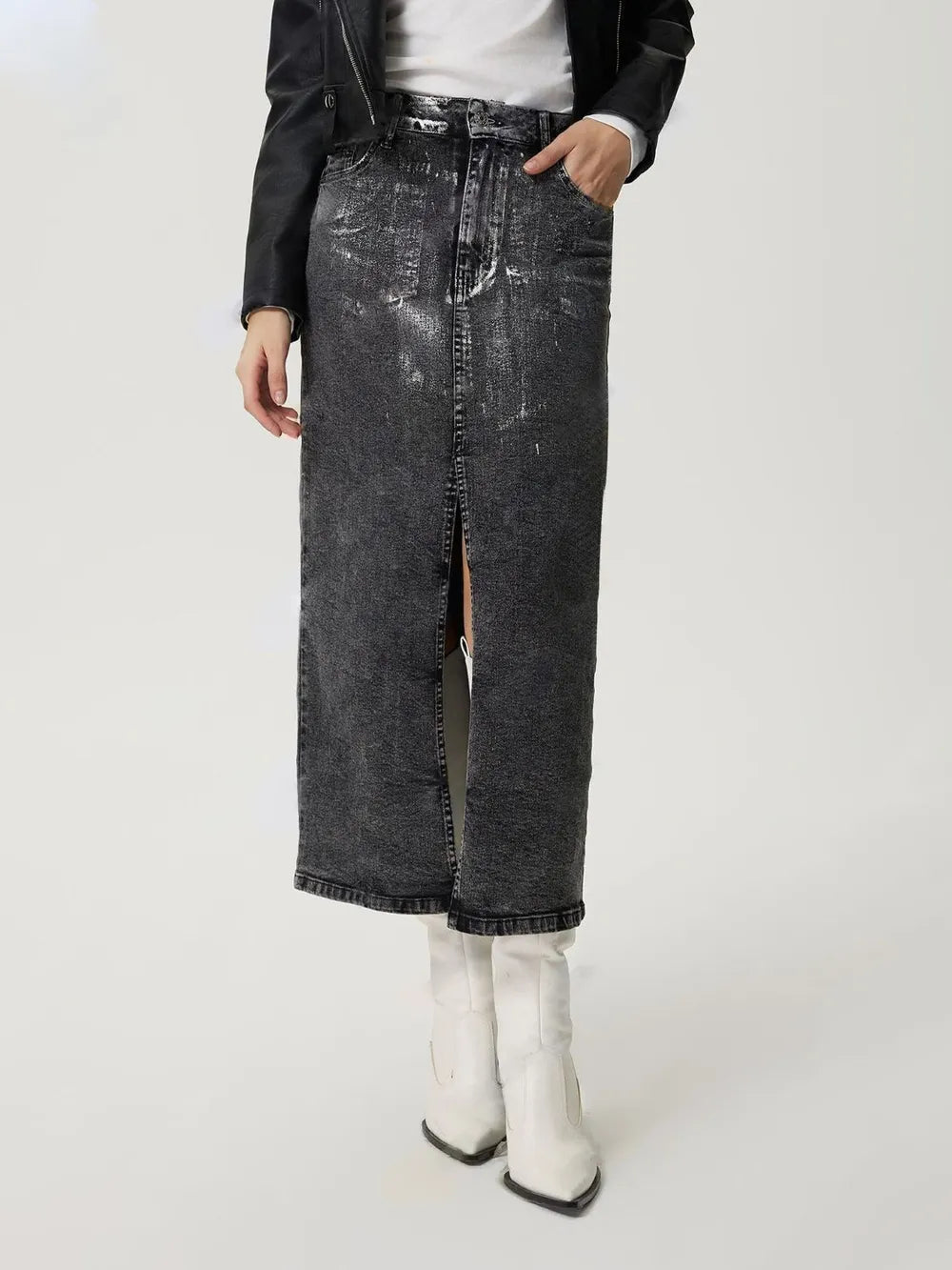 Dark gray distressed denim midi skirt with front slit and pockets