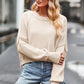 Beige ribbed knit round neck drop shoulder cropped long sleeve sweater