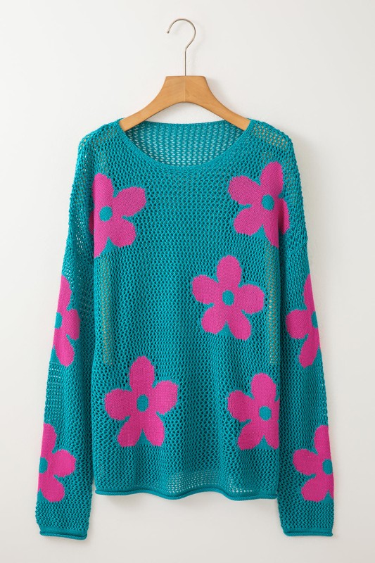Dulce Big Flower Hollowed Knit Drop Shoulder Sweater Sweaters