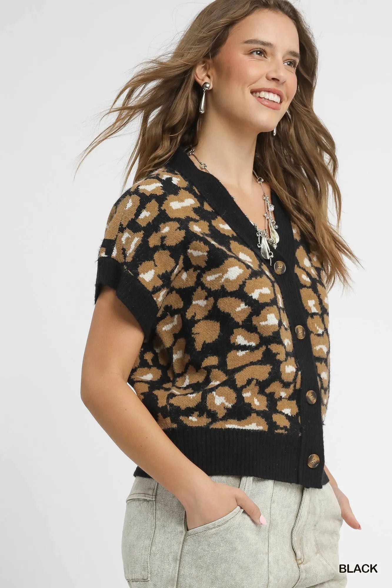 Umgee Leopard Button Down Short Sleeve Cardigan | Cardigans Daverri Fashions