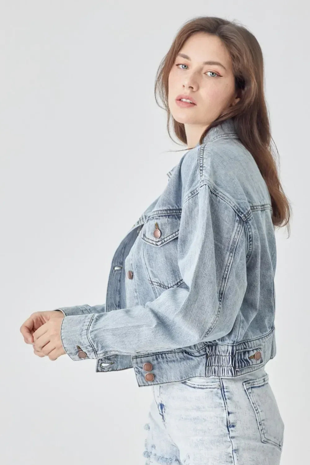 RISEN Full Size Button Down Cropped Denim Jacket - DAVERRI FASHIONS