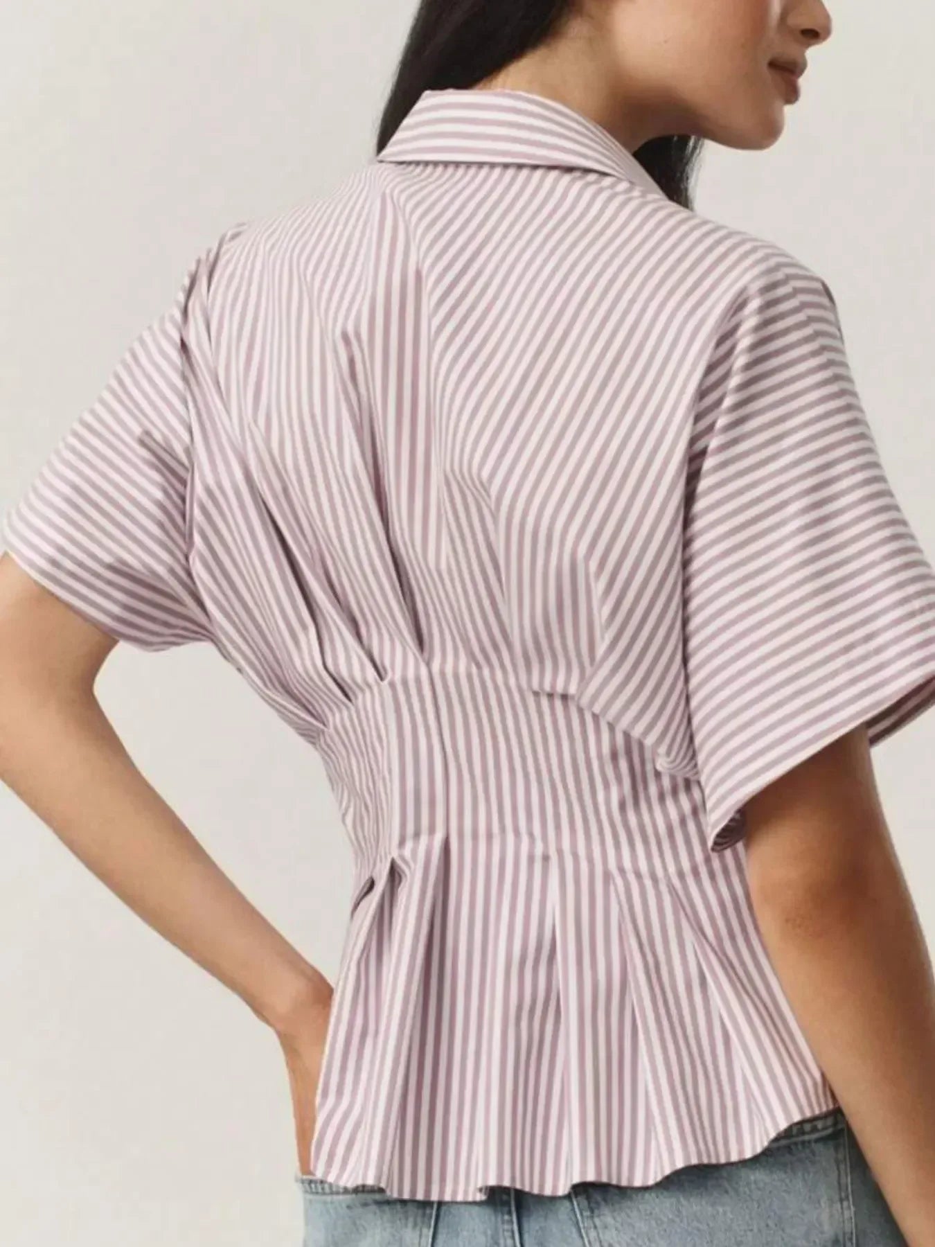 Striped Short Sleeve Button-Up Shirt - DAVERRI FASHIONS