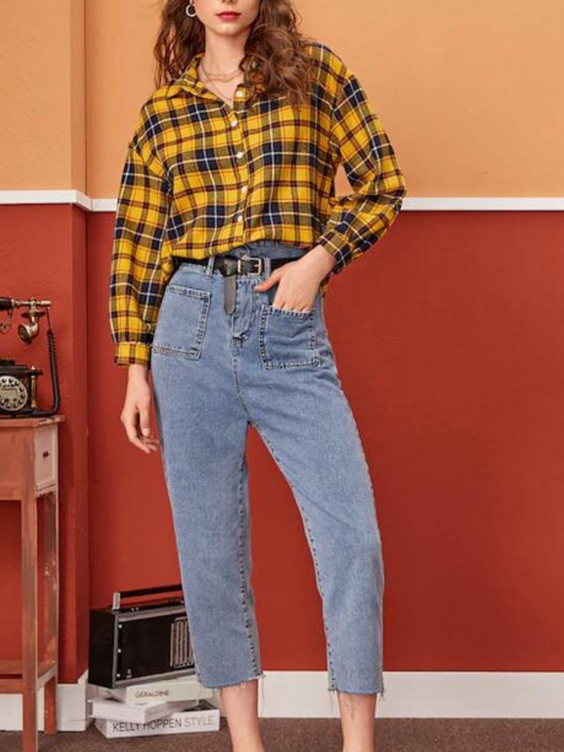 Daverri yellow and black plaid long-sleeve button-up shirt