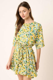 Yellow Combo Mittoshop Floral Tie Waist Half Sleeve Mini Dress | Mini Dresses Daverri Fashions