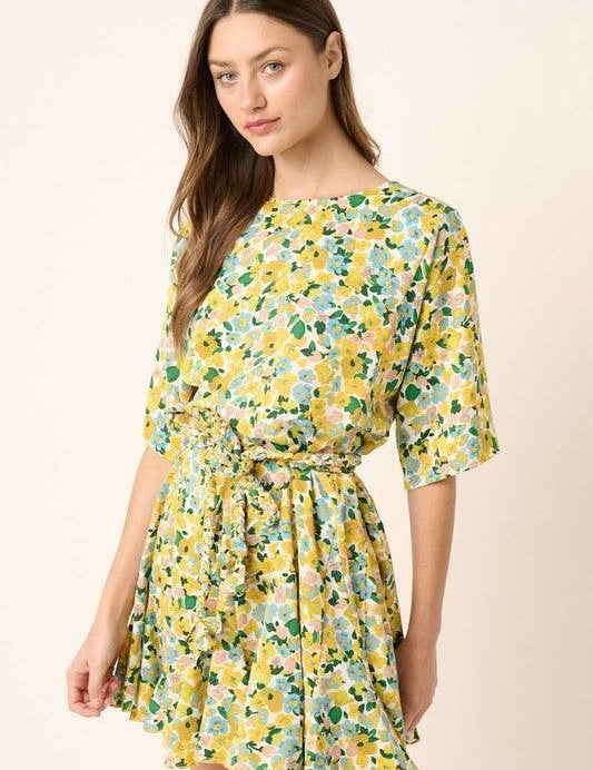 Yellow Combo Mittoshop Floral Tie Waist Half Sleeve Mini Dress | Mini Dresses Daverri Fashions