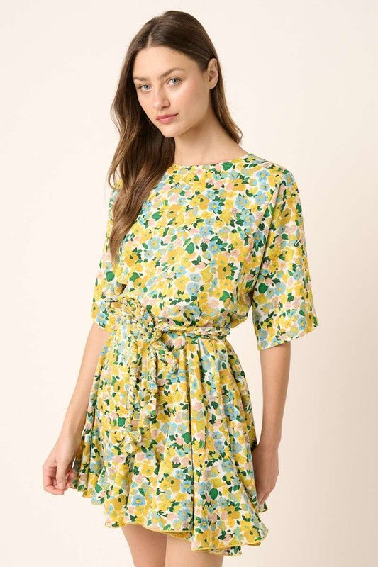 Mittoshop Floral Tie Waist Half Sleeve Mini Dress Yellow Combo Mini Dresses