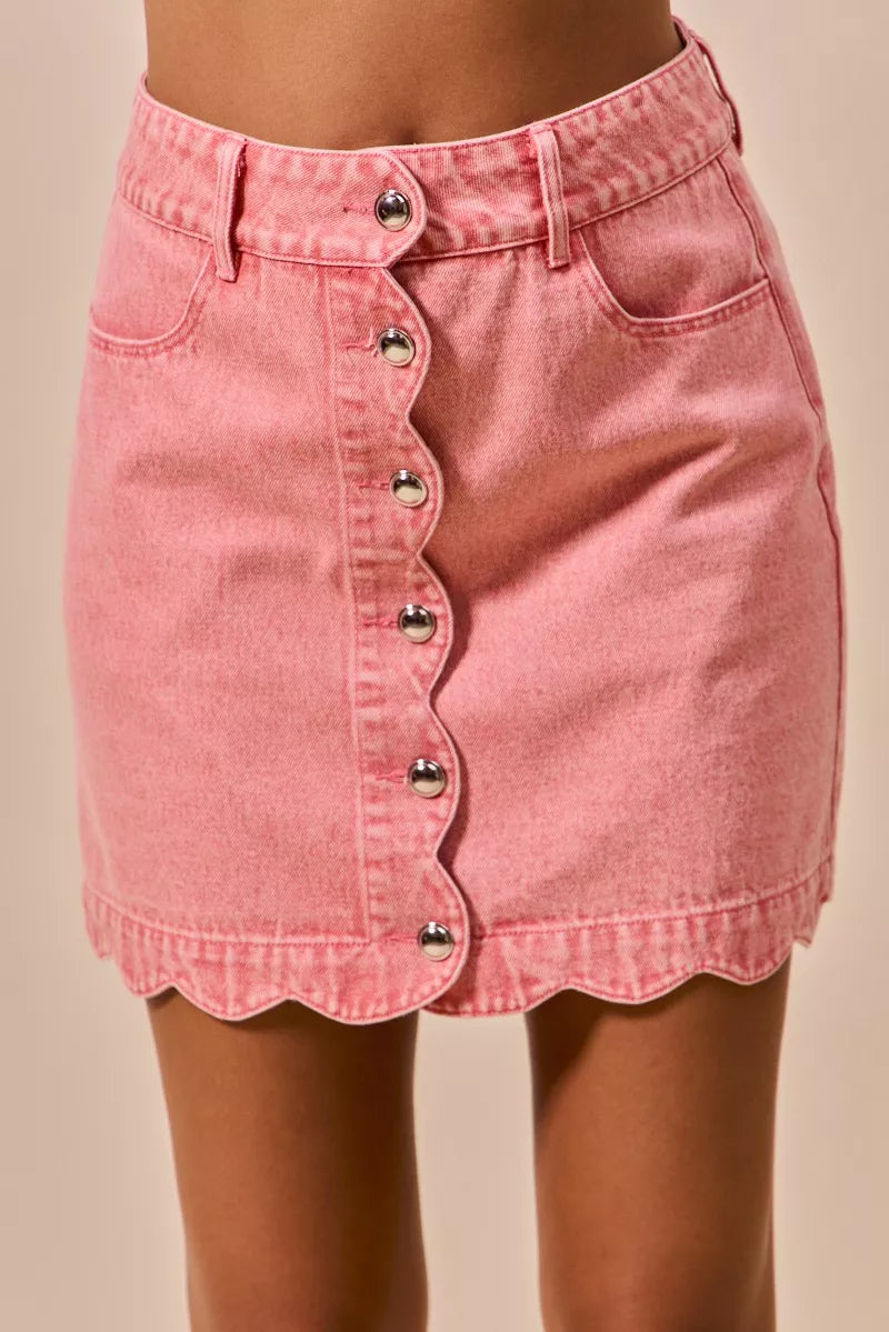 SO ME pink vintage wash scallop edge denim mini skirt with silver buttons