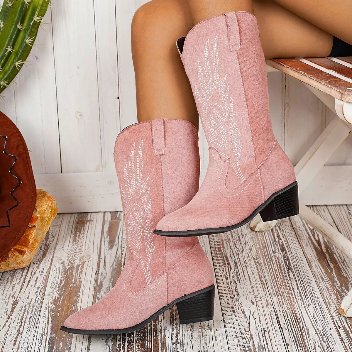 Pink Point Toe Block Heels Boots | Boots Daverri Fashions