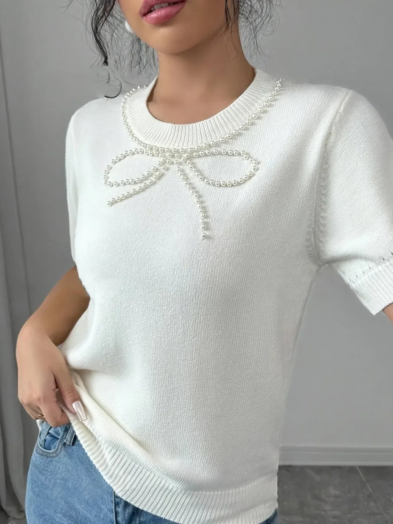 Pearl Bow Embellished Round Neck Sweater - DAVERRI FASHIONS