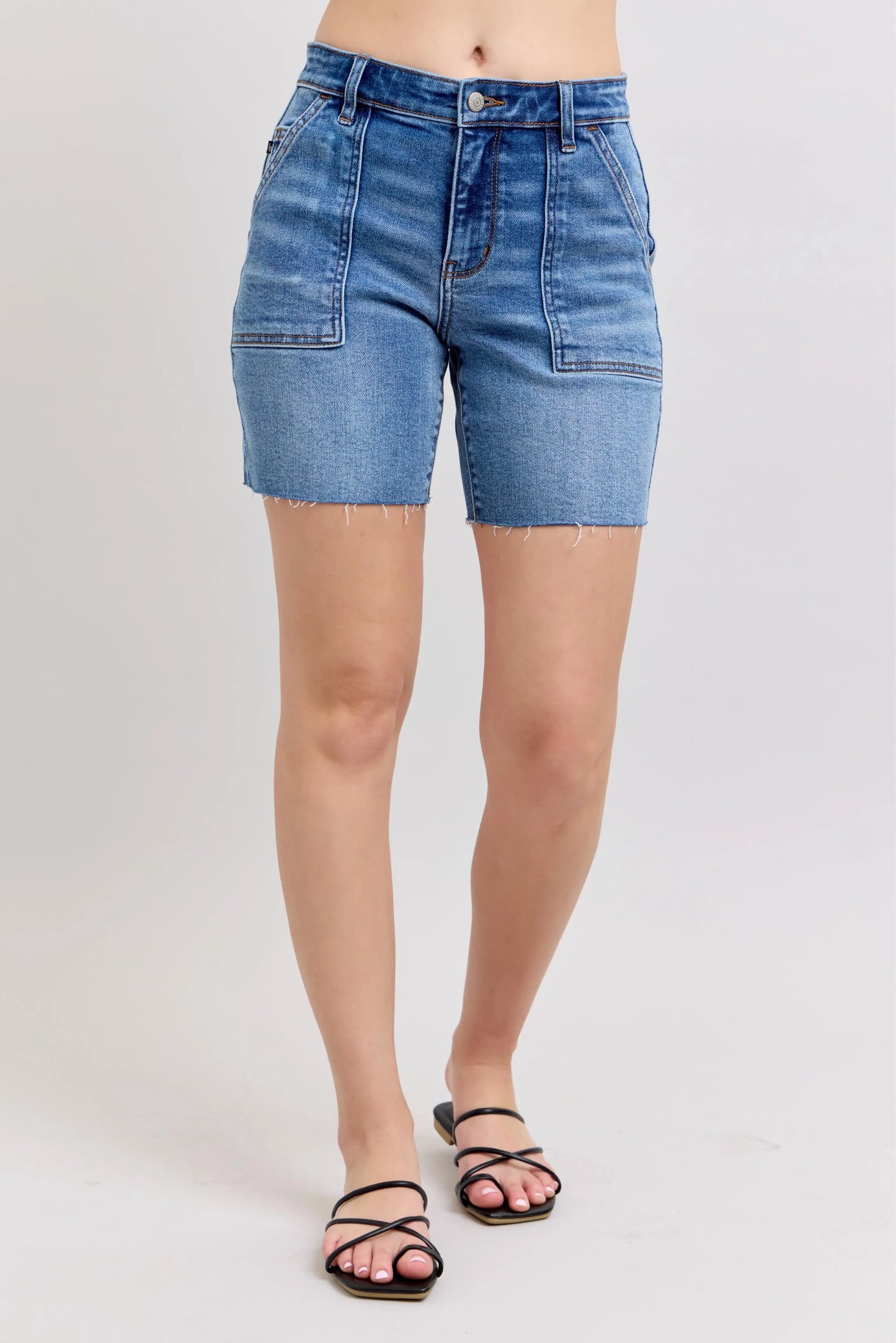 Judy Blue Full Size Mid Rise Bermudas Denim Shorts W/ Back Flap Pockets Plus Size Denim Shorts