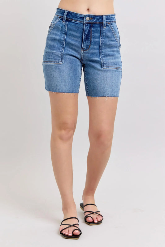 Judy Blue Full Size Mid Rise Bermudas Denim Shorts W/ Back Flap Pockets Plus Size - DAVERRI FASHIONS