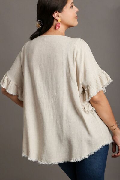 Umgee Full Size Raw Hem Ruffle Short Sleeve Blouse Plus Size Tops