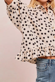 BiBi Polka Dot Printed Peplum Top with Front Button | Blouses Daverri Fashions