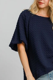 Umgee Full Size Boxy Cut Jacquard Round Neck Top with Side Slit Tops