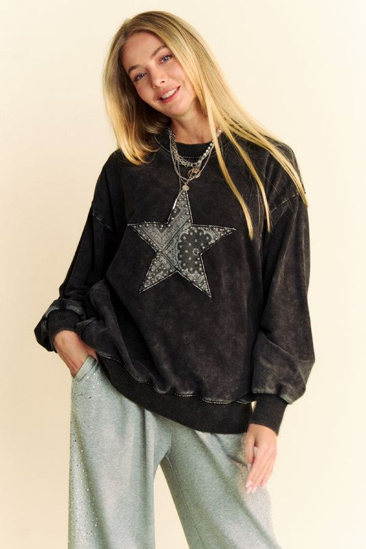 Davi & Dani Stud Star Patch Black Acid Washed Sweatshirt Black Sweatshirts