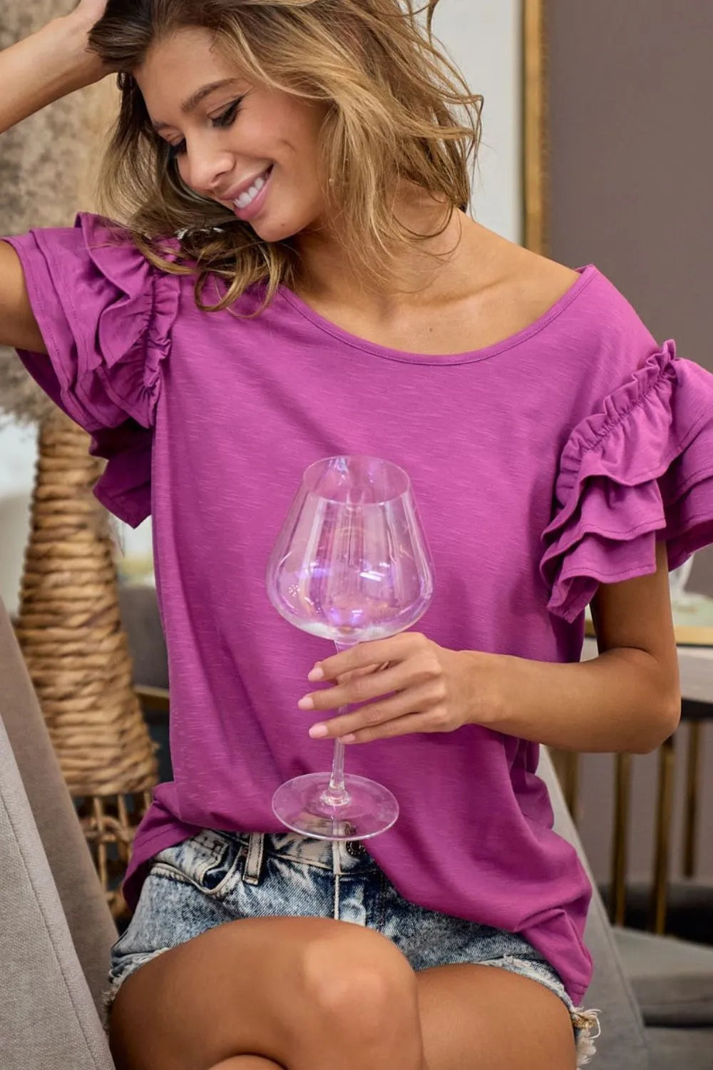 Elegant BiBi Layered Ruffle Sleeve Jersey Top with clear fluted wine glass