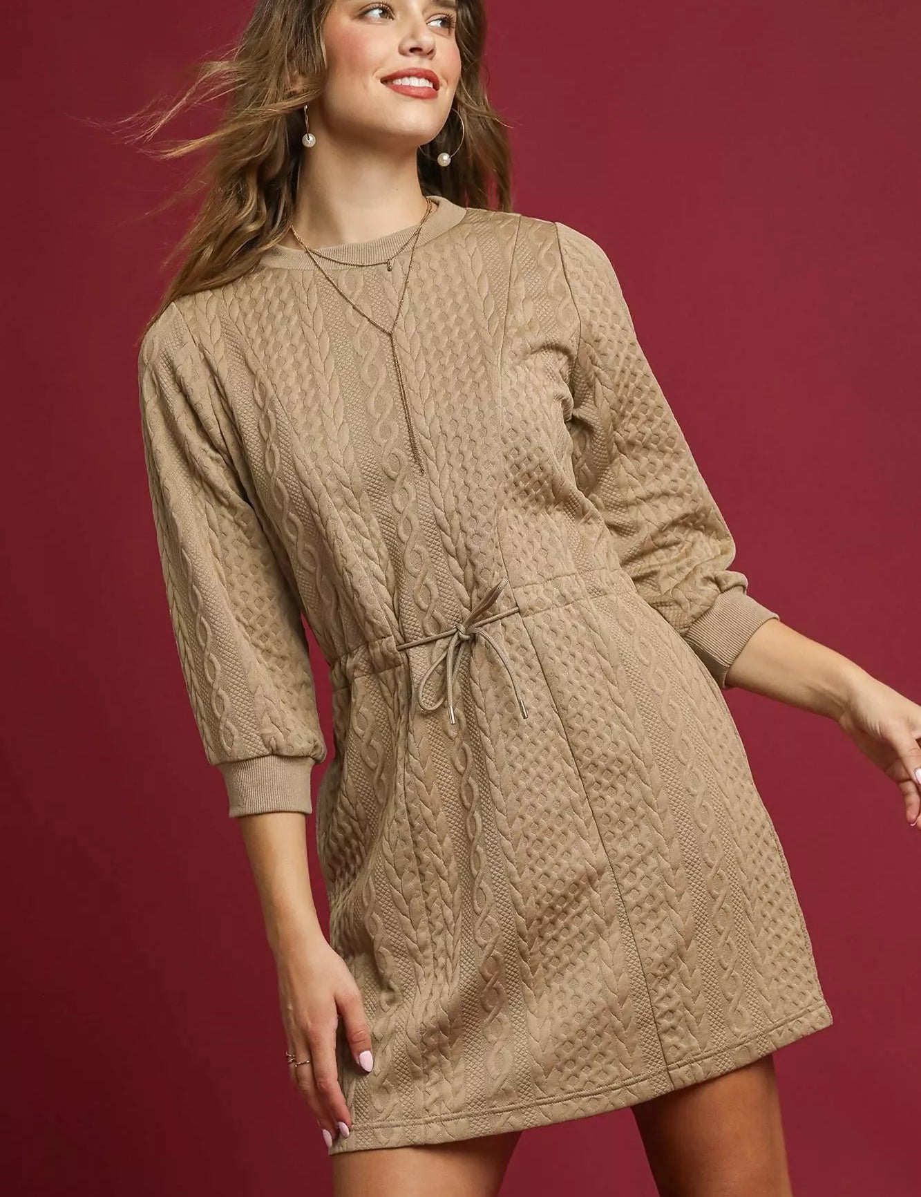 TAUPE Umgee Drawstring Cable Knit Mini Dress with Pockets | Daverri Fashions