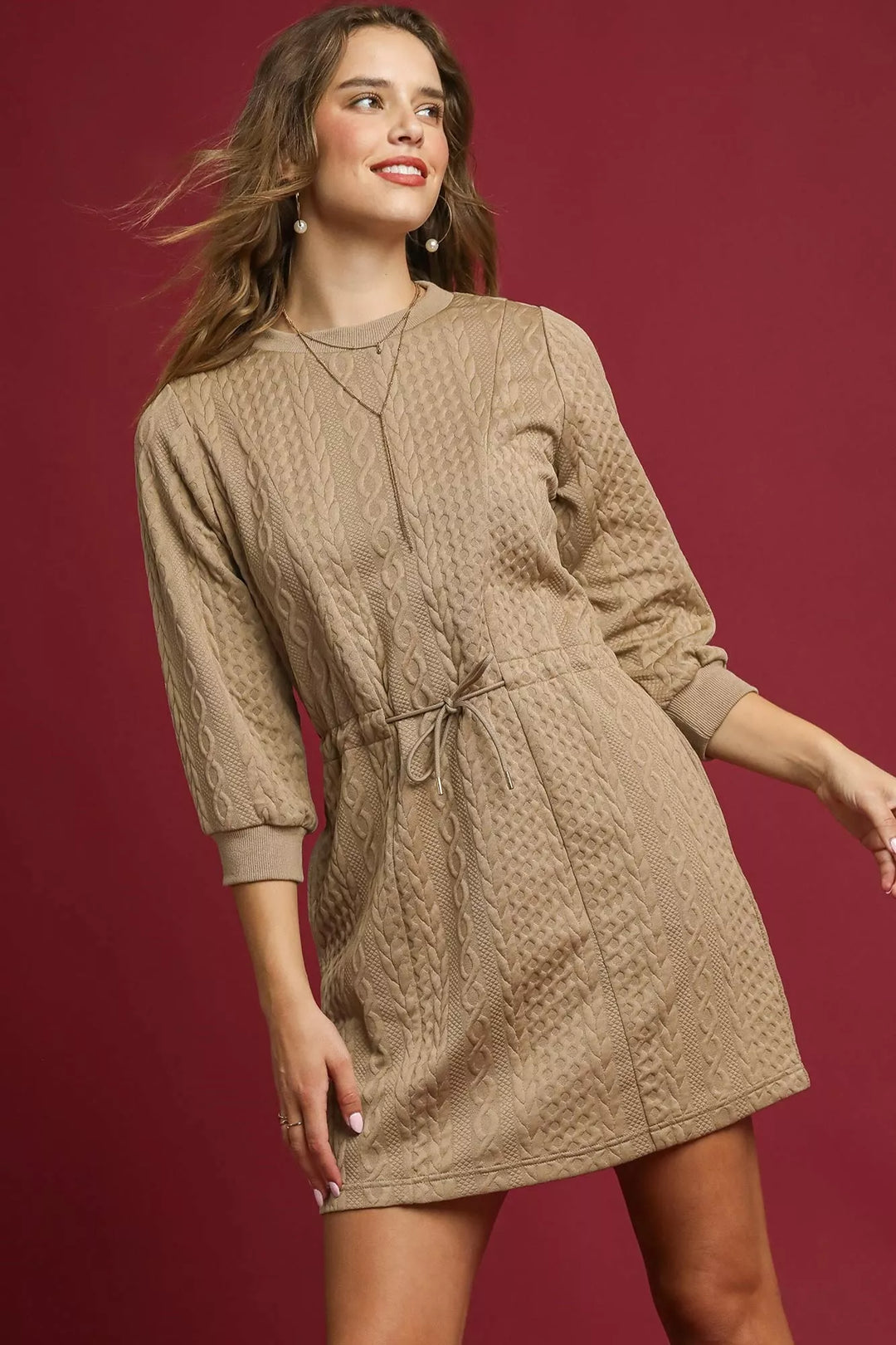 TAUPE Umgee Drawstring Cable Knit Mini Dress with Pockets | Daverri Fashions